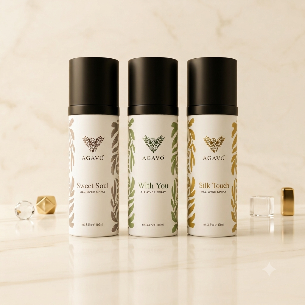 Experience the AGAVO Miracle Collection featuring Silk Touch, With You & Sweet Soul. A premium 3-piece all-over perfume set with long-lasting fragrance, strong projection, and elegant scents for every occasion.