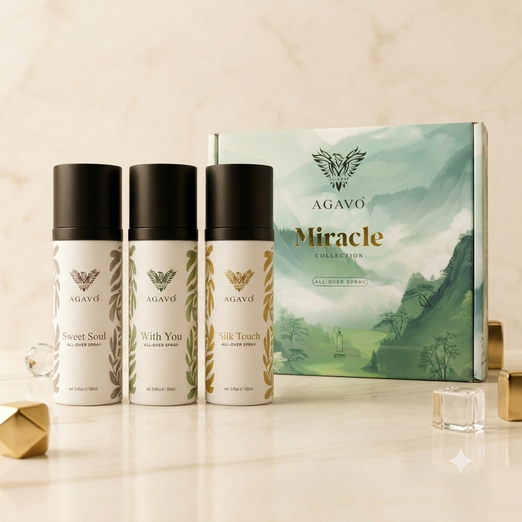 Experience the AGAVO Miracle Collection featuring Silk Touch, With You & Sweet Soul. A premium 3-piece all-over perfume set with long-lasting fragrance, strong projection, and elegant scents for every occasion.